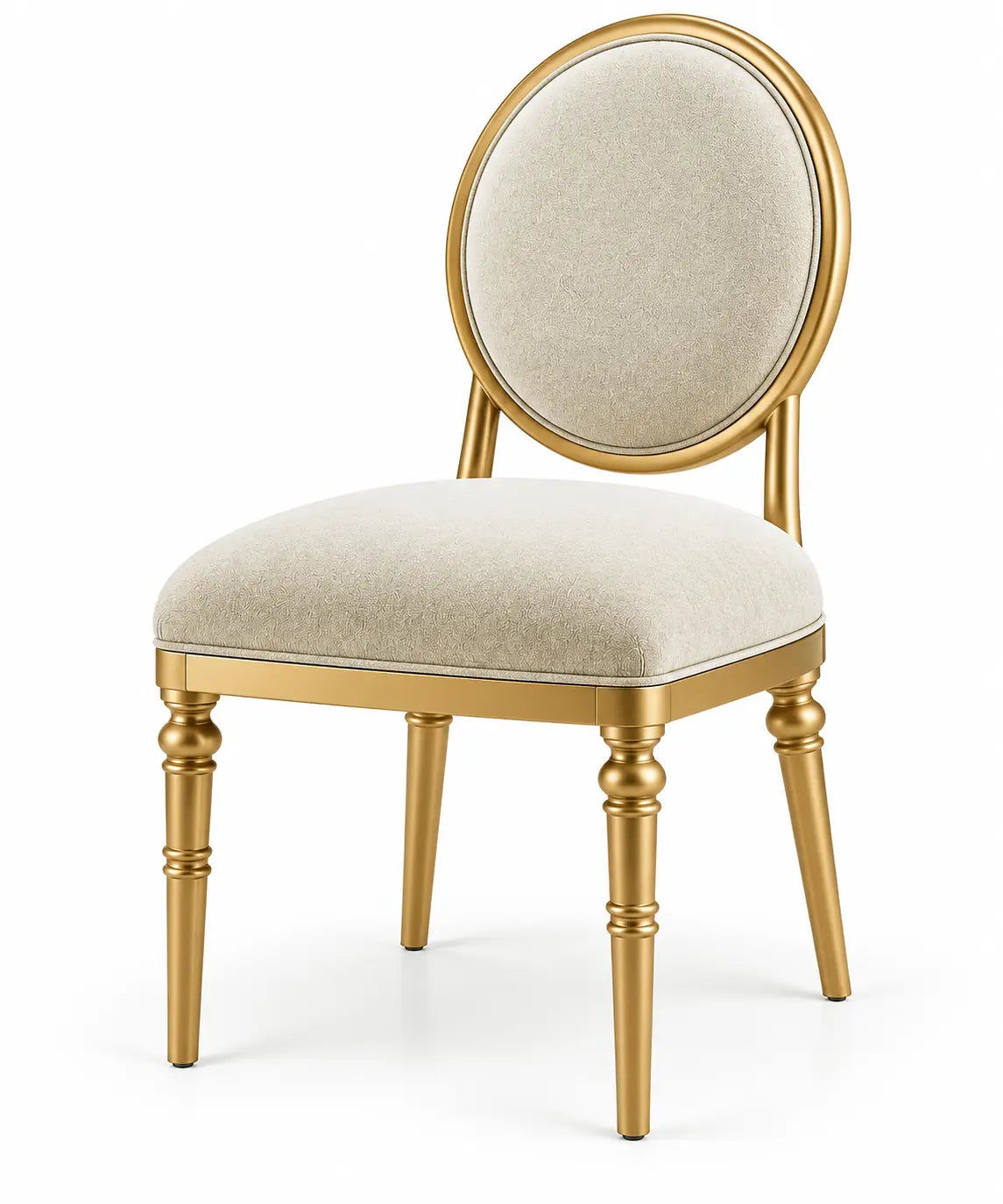 Chaise à dossier médaillon rembourré et structure dorée, beige