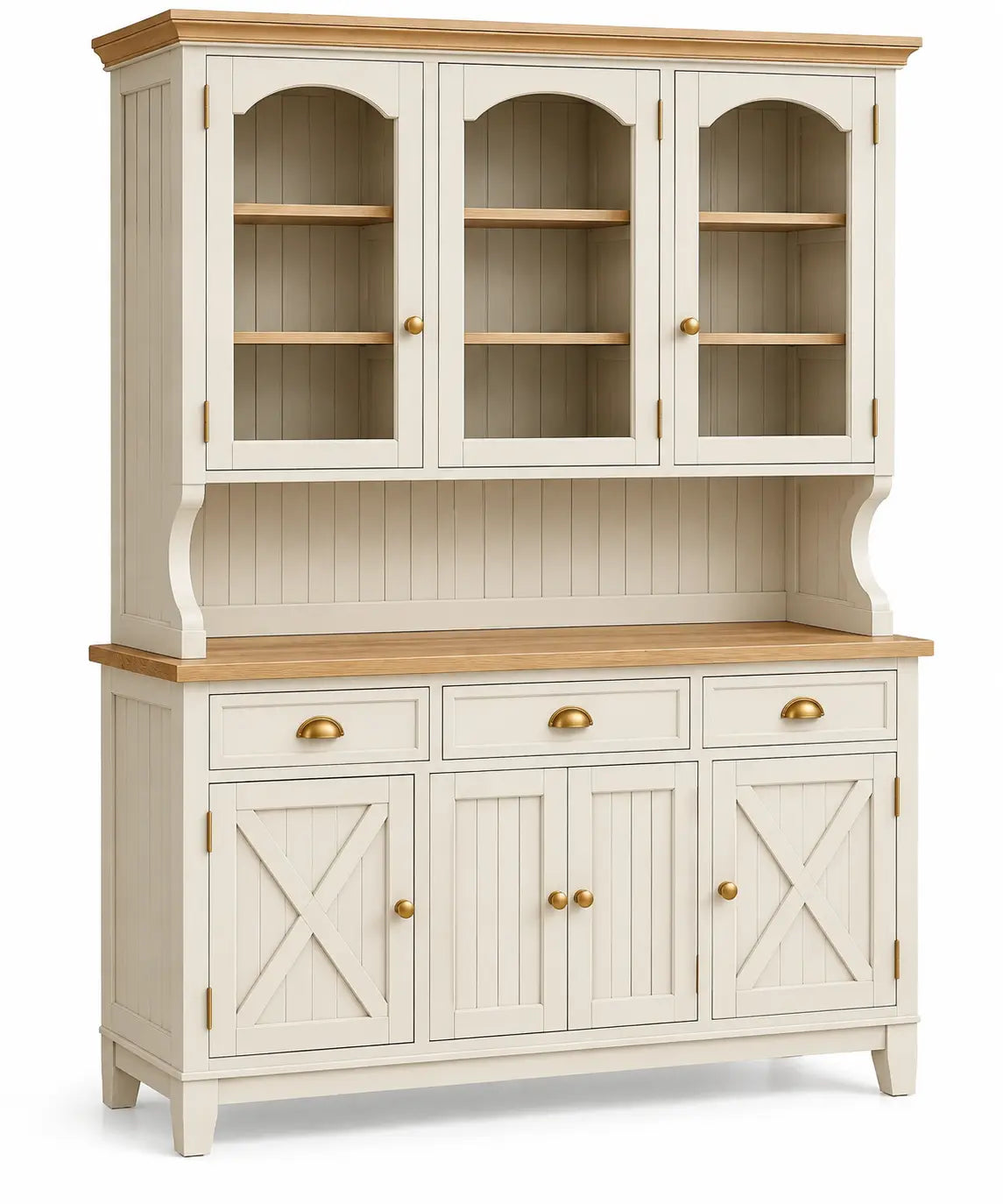 Vaisselier à portes vitrées, niche et rangement à croisillons, blanc et beige