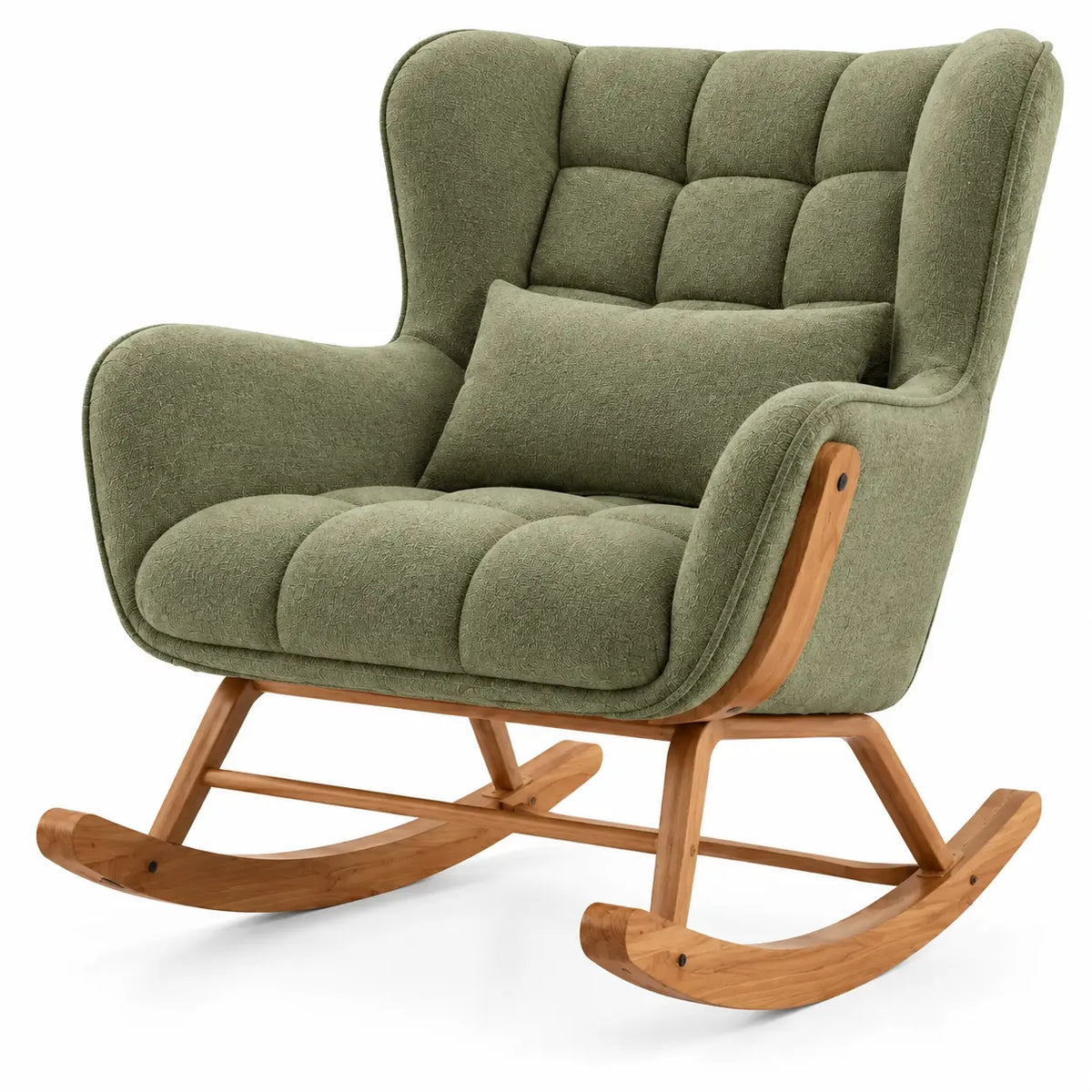 Fauteuil à bascule à dossier capitonné quadrillé, vert et beige