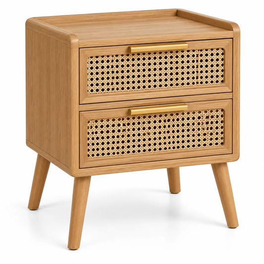 Table de chevet à deux tiroirs ajourés et plateau à rebord, beige