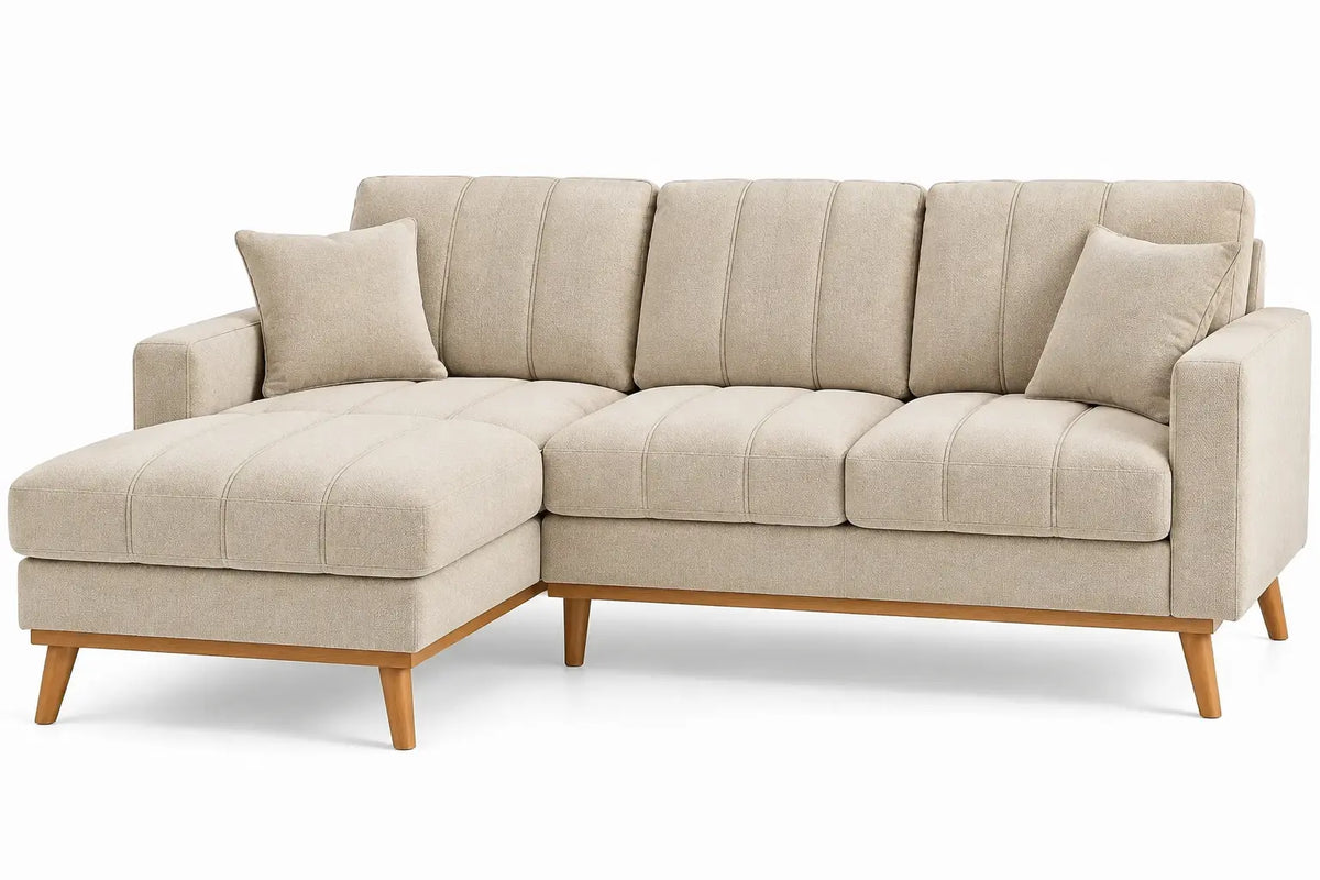 Canapé d'angle à méridienne gauche et coussins à bandes, beige