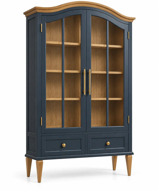 Vitrine à deux portes transparentes et tiroirs bas, bleu foncé et beige