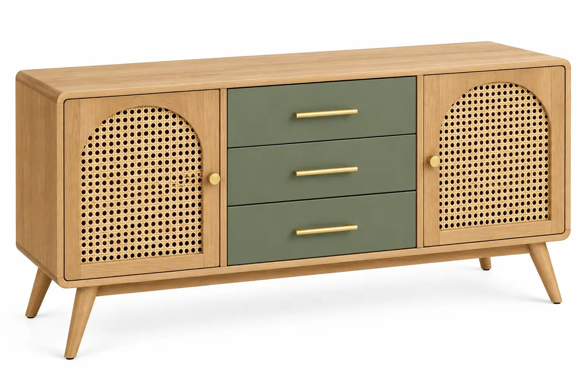 Buffet à deux portes ajourées et trois tiroirs verts, beige