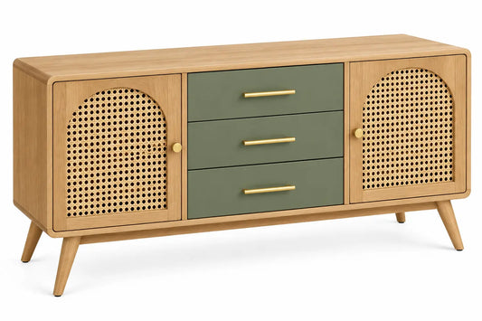 Buffet à deux portes ajourées et trois tiroirs verts, beige