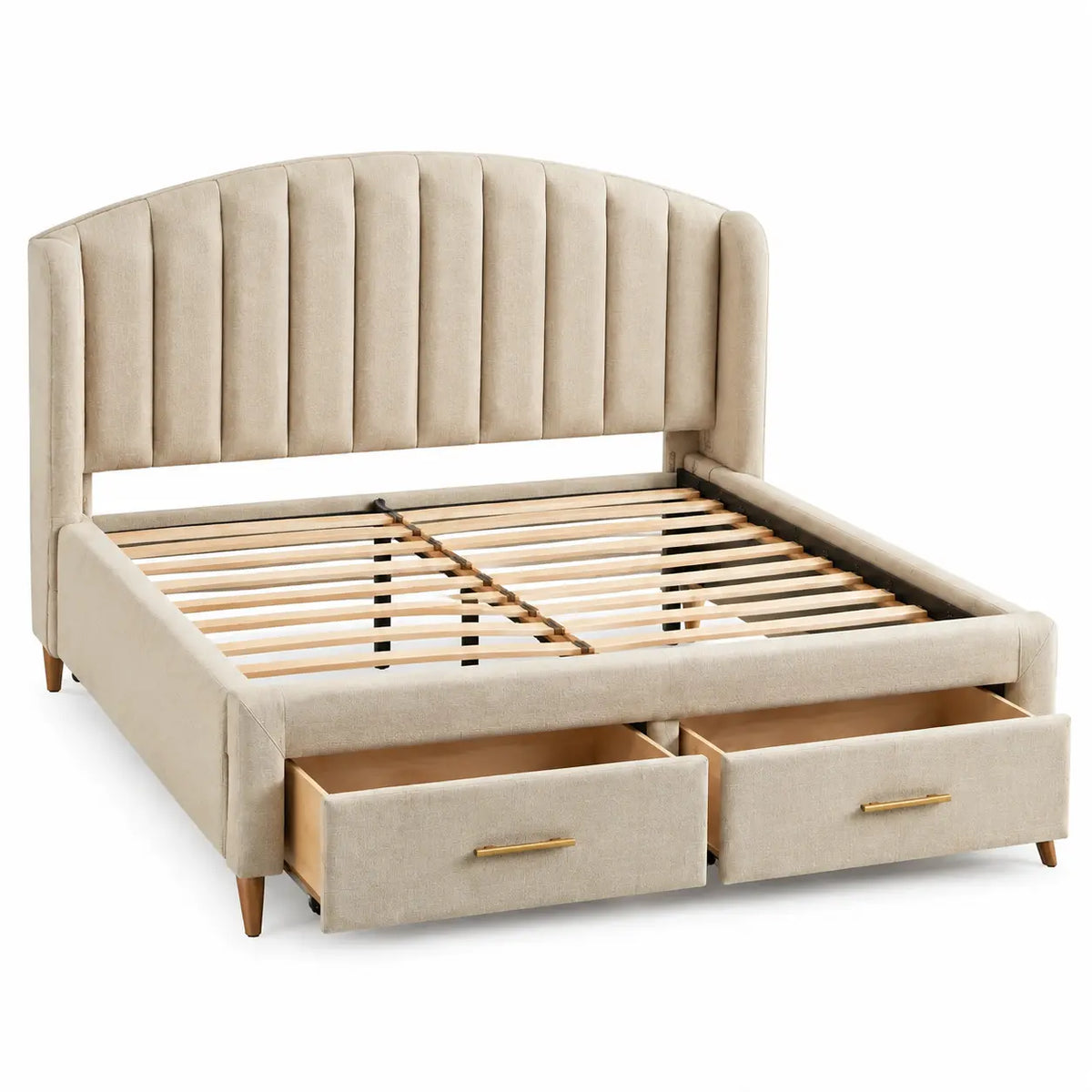 Cadre de lit rembourré à tête cintrée et deux tiroirs avant, beige
