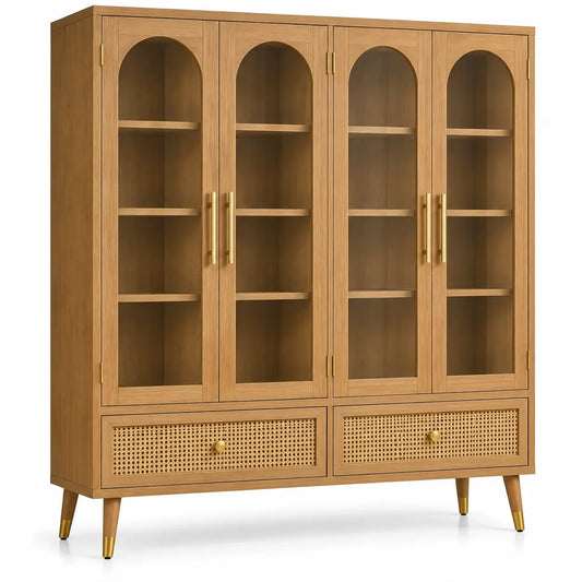 Grande vitrine à quatre portes cintrées et deux tiroirs ajourés, beige