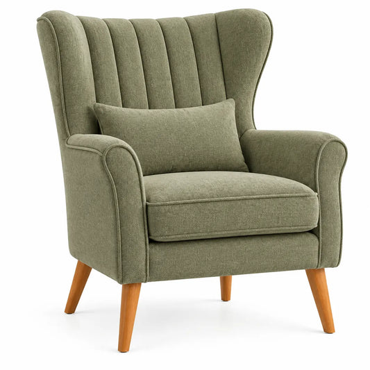 Fauteuil à oreilles et dossier rainuré vertical, vert et beige