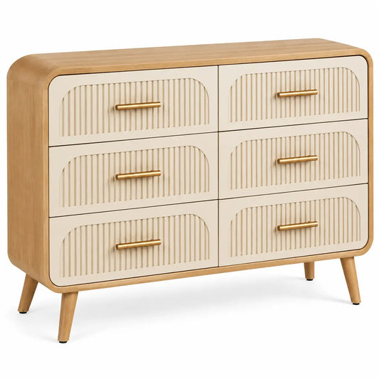 Commode arrondie à six tiroirs rainurés, blanc et beige