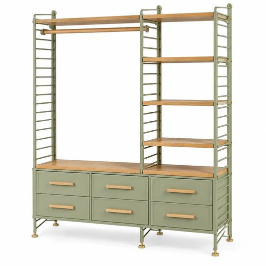 Dressing ouvert à penderie, étagères et six tiroirs, vert et beige
