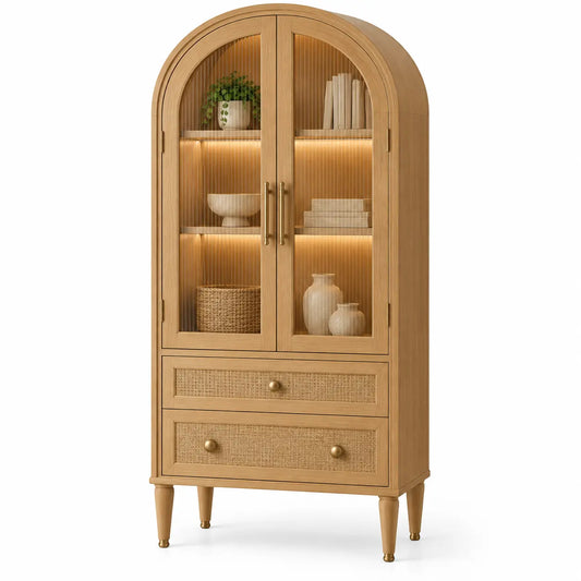Vitrine cintrée à deux portes transparentes et deux tiroirs, beige