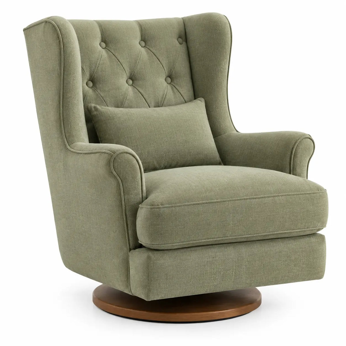 Fauteuil à oreilles capitonné sur base circulaire, vert et marron