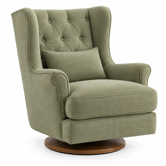 Fauteuil à oreilles capitonné sur base circulaire, vert et marron