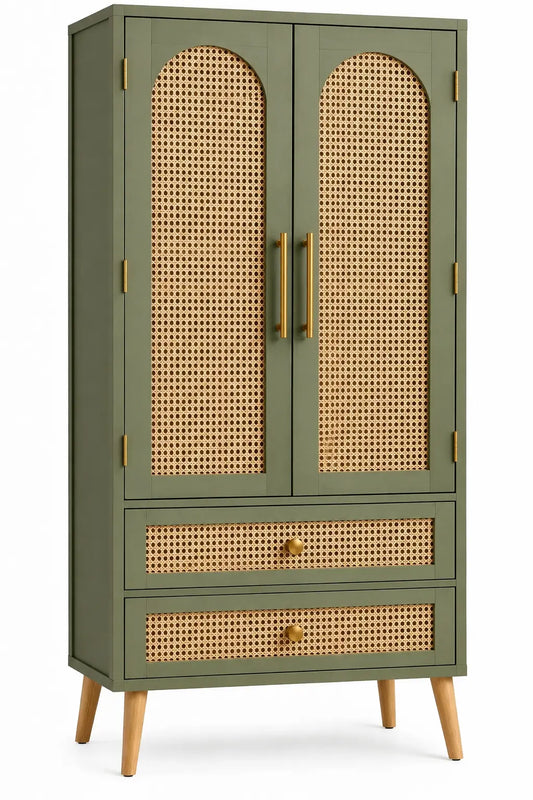 Armoire à deux portes ajourées et deux tiroirs, vert et beige