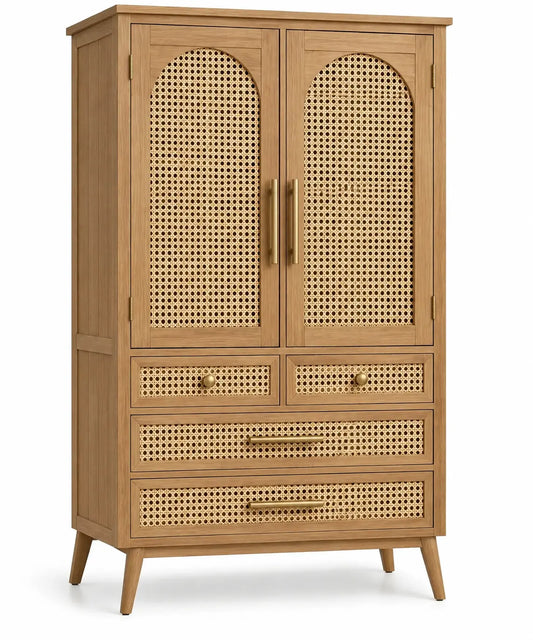 Armoire à deux portes ajourées et quatre tiroirs, beige