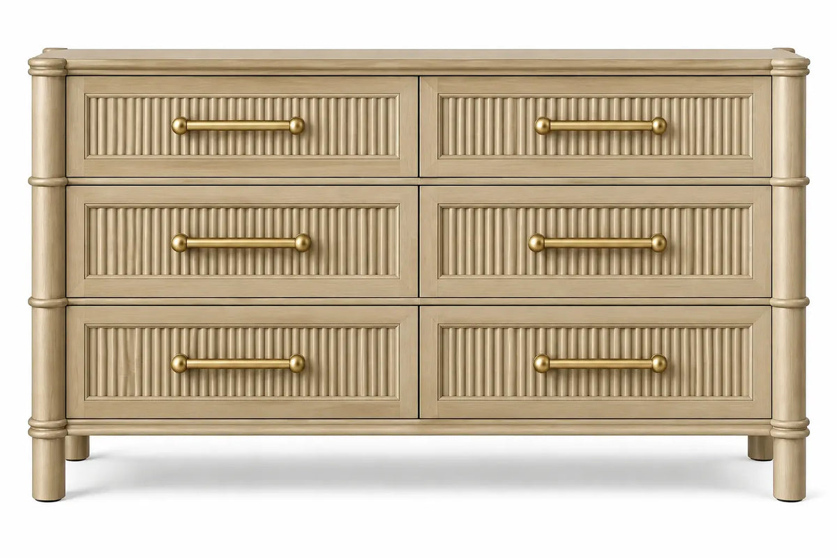 Commode à six tiroirs finement rainurés et montants arrondis, beige