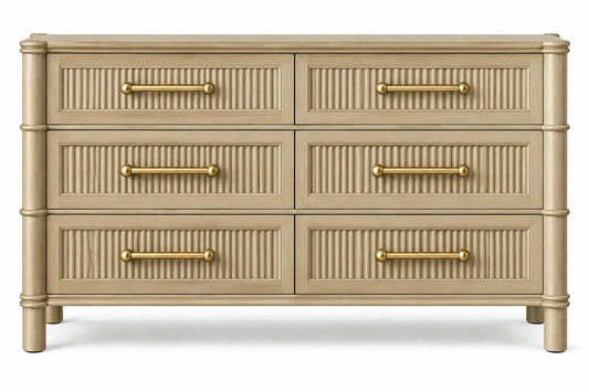 Commode à six tiroirs finement rainurés et montants arrondis, beige