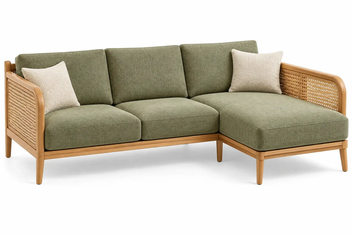 Canapé d'angle à côtés ajourés et méridienne droite, vert et beige