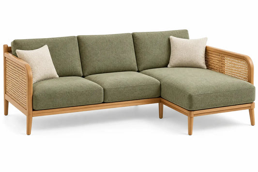 Canapé d'angle à côtés ajourés et méridienne droite, vert et beige