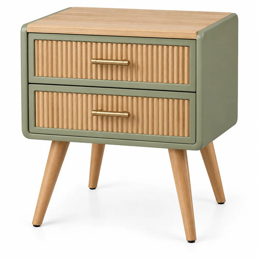 Table de chevet à deux tiroirs cannelés et pieds inclinés, vert et beige
