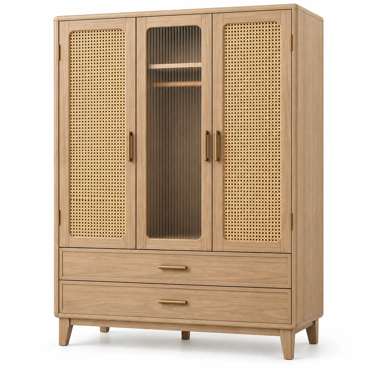 Armoire à portes ajourées, porte centrale transparente et deux tiroirs, beige