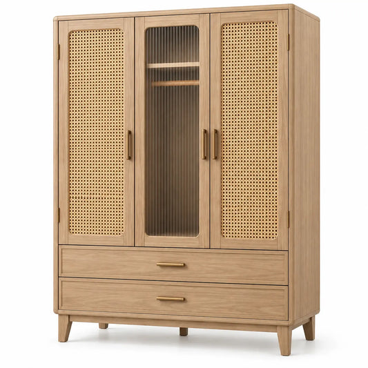 Armoire à portes ajourées, porte centrale transparente et deux tiroirs, beige